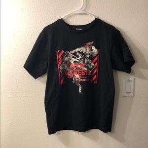 Black Graphic T-Shirt with Red and White Design